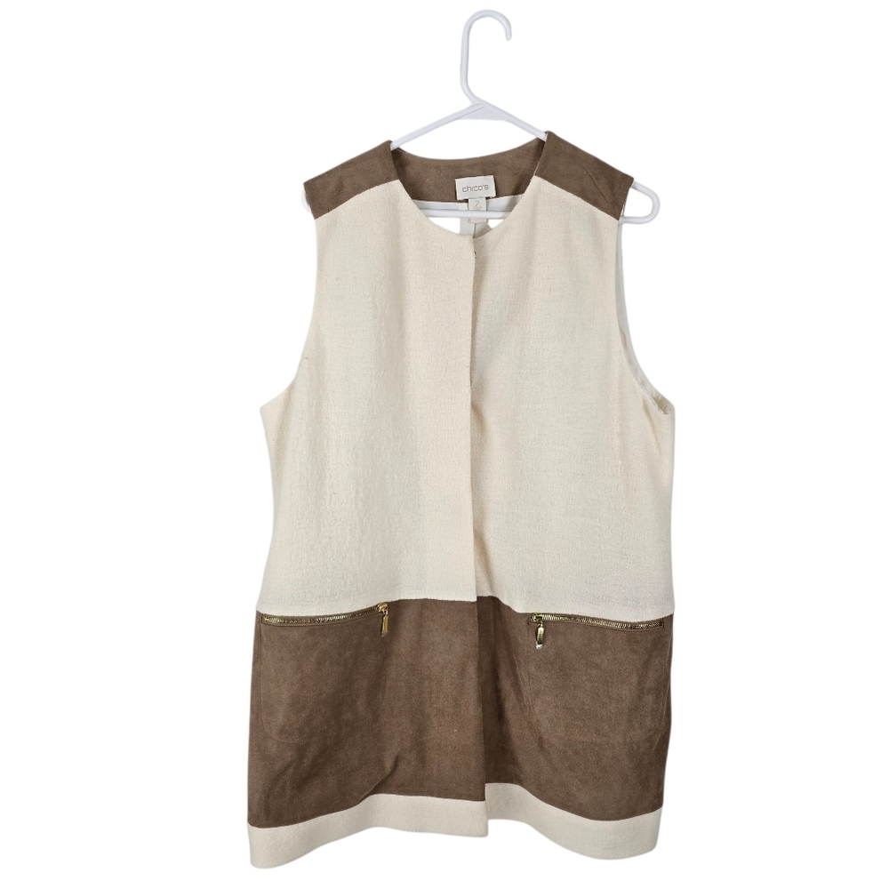NWT Chico's Mixed Fabric Wool Faux Suede Snap Front Colorblock Vest Size 2 (L)